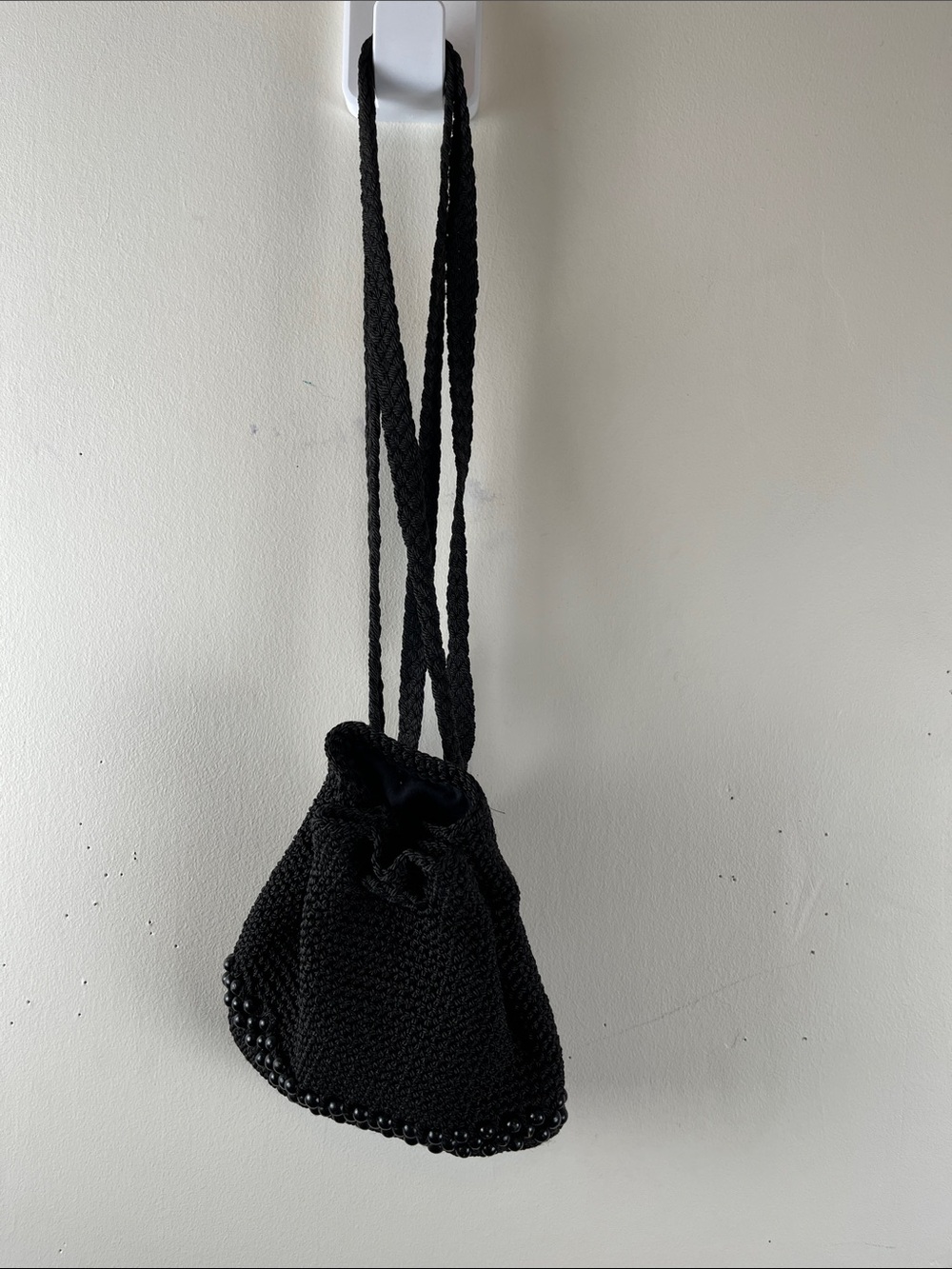 Black Knit Drawstring Crossbody Bag